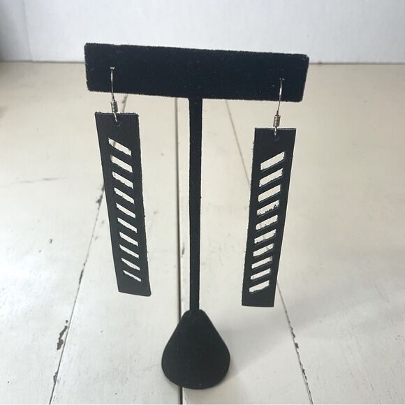 LEATHER Earrings Black Rectangle With Rectangle Cutouts - Picture 1 of 4